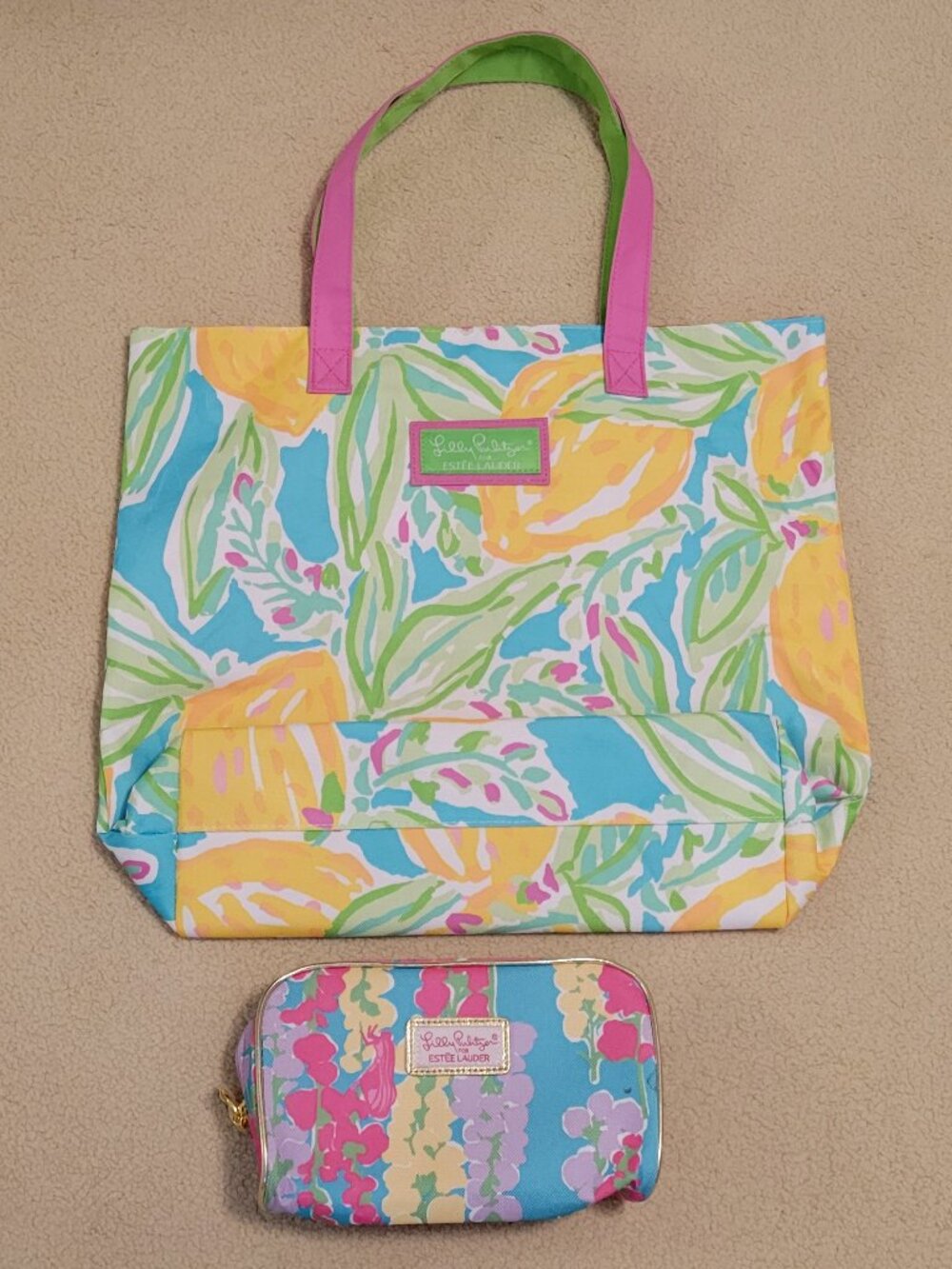 Bundle of Lilly Pulitzer for Estee Lauder Floral Tote Bag and Makeup Bag